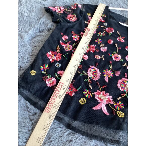 Zara Women's Boho Floral Embroidered Mesh Tulle Blouse Top Black Size Small - Picture 9 of 10
